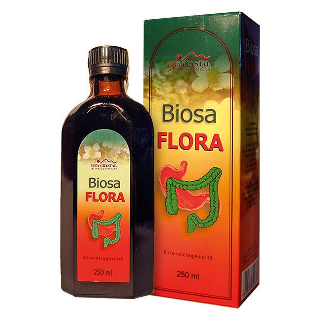 Biosa Flora 250ml Miért fontosak a "hasznos" baktériumok? Jelenlétük a bélflórában az emésztés segíthetésén kívül: - számos betegség kialakulását megakadályozzák. (pl.: székrekedés ,bizonyos hasmenési betegségeket.) Hasznos baktériumok: Lactobacillus Streptococcus Bifidobacterium (un. hasznos baktériumok, probiotikumok) Az anyatejjel táplált csecsemőknél a hasznos baktériumok alkotják a bélflóra zömét(95-98%). A felnőtteknél ez az arány alig 10%! A Biosa Florában lévő hasznos baktériumok közvetlenül a bélnyálkahártyára hatnak így a termékben lévő többi hatóanyag közvetlenül, célzottan hasznosul. Az összetett hatóanyagoknak köszönhetően komplex immunerősítő. A flavonoid tartalmának köszönhetően magas antioxidáns hatással bír. A BIOSA FLORA tartalmaz: - vörös szőlő, feketeszeder, feketecseresznye, fekete ribizli, bodza, kökény, és szilva gyümölcsök leveit, ezek- és a cirok magjainak héjai extraktját. Gyógynövények: Ánizs, édesgyökér, édeskömény, bazsalikom, turbolya, borsmenta, fekete bodza, rozmaring, orvosi zsálya, kakukkfű, borókabogyó, oregáno, csalán, angyalgyökér, gyömbér, kapor, fokhagyma, petrezselyem, orvosi székfű, görögszéna. Baktérium kultúrák: - Lactobacillus acidophillus - Bifidobacterium animalis subsp. - Lactis. - Streptococcus thermophilus - Lactobacillus casei - Lactococcus subsp.lactis biov diacellyllacylis - Leuconostoc pseudomesenteroldes Bioflavaonoidok: Vörös szőlőlé, feketeszederlé, fekete cseresznyelé, feketeribizlilé, bodza termés velője, kökény termés velője, szilvalé szeparátum.
